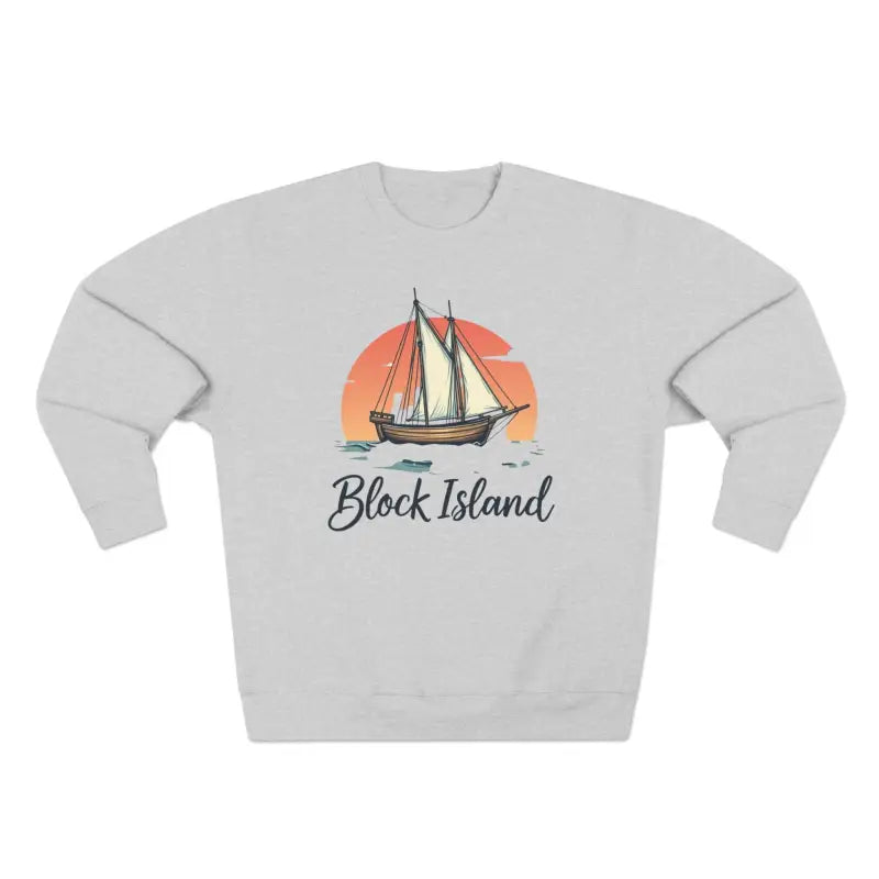 Gray crewneck sweatshirt featuring Block Island Pirate Ship design for unisex wear