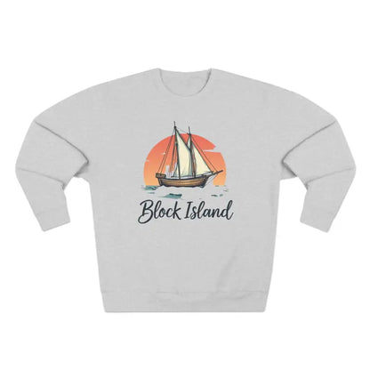 Gray crewneck sweatshirt featuring Block Island Pirate Ship design for unisex wear