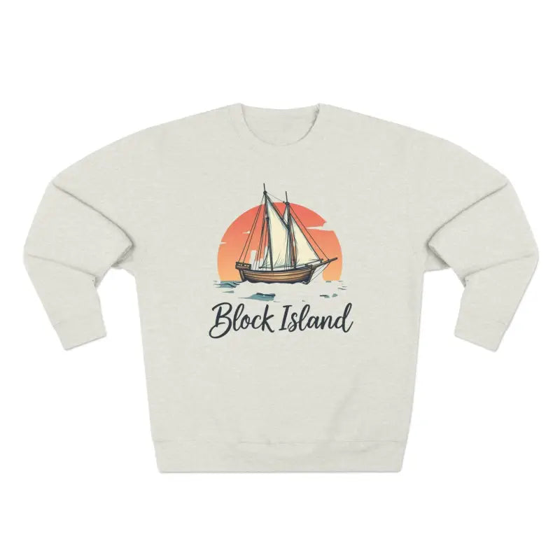 Beige sweatshirt featuring a sailboat graphic from Block Island Pirate Ship collection