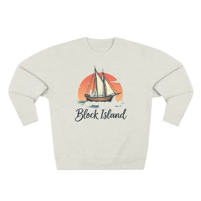 Beige sweatshirt featuring a sailboat graphic from Block Island Pirate Ship collection