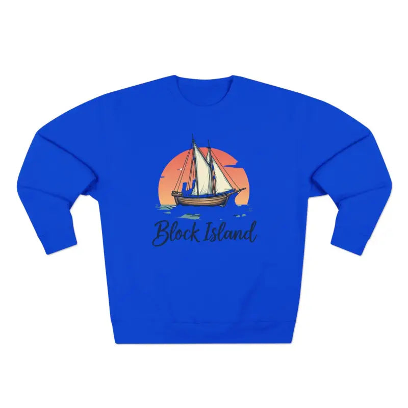 Blue crewneck sweatshirt featuring sailboat design, Block Island Pirate Ship apparel