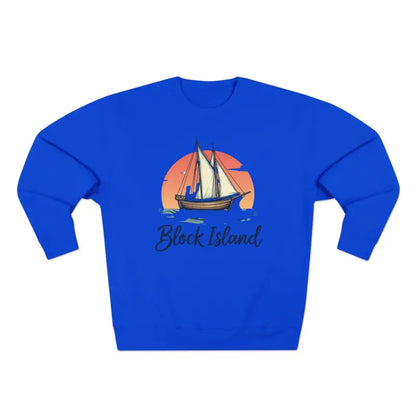 Blue crewneck sweatshirt featuring sailboat design, Block Island Pirate Ship apparel