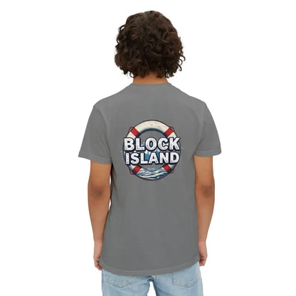 Gray T-shirt featuring Block Island design for a casual summer vibe