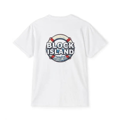 White T-shirt featuring Block Island graphic for a casual summer vibe