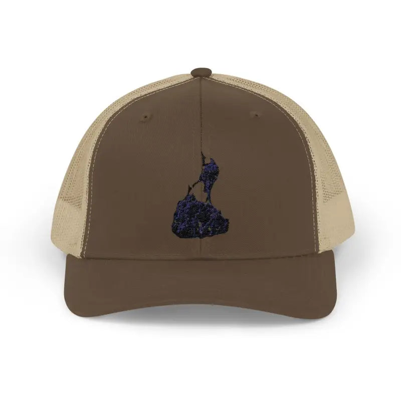 Brown and beige Block Island Porkchop Snapback Trucker Cap with embroidered design