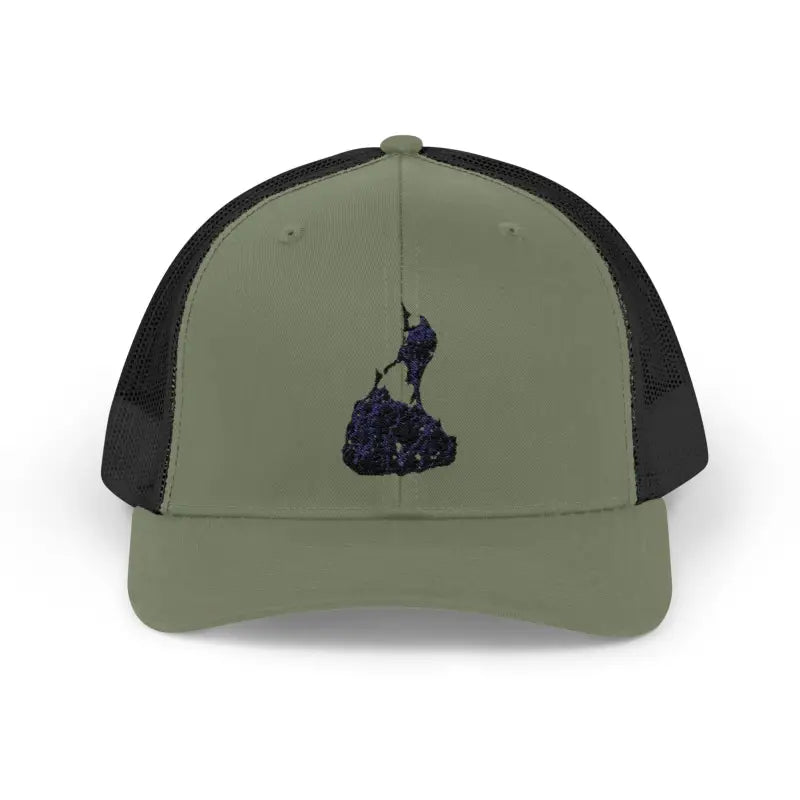Olive green and black Block Island Porkchop Snapback Trucker Cap for outdoor enthusiasts