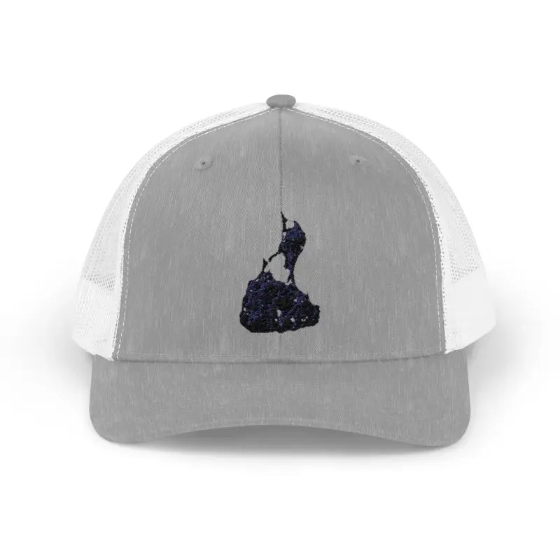Gray and white Block Island Porkchop Snapback Trucker Cap featuring a climbing design
