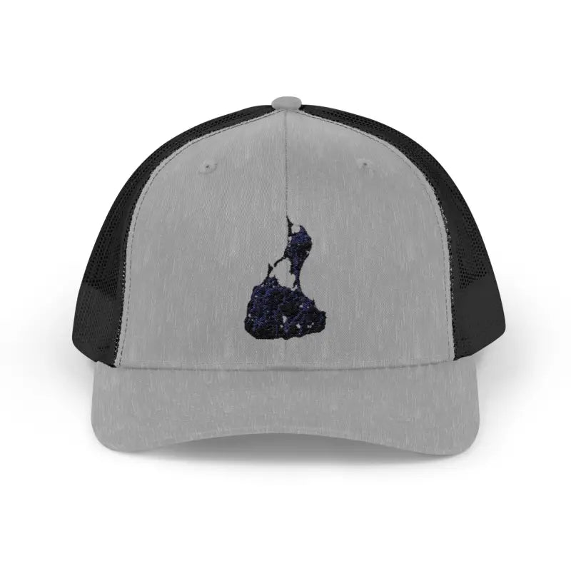Gray and black Block Island Porkchop Snapback Trucker Cap displayed prominently