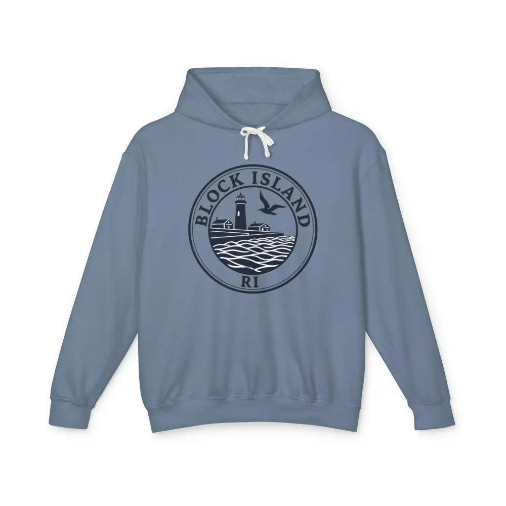 Blue Block Island hoodie featuring the Block Island RI Lighthouse design on sweatshirt