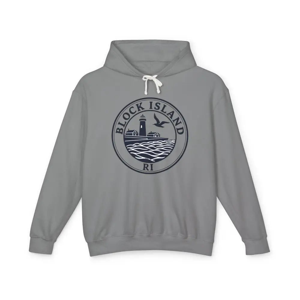Gray hooded sweatshirt featuring Block Island design and lighthouse graphic