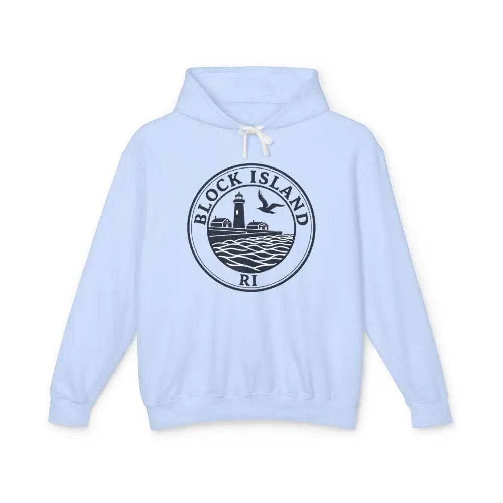 Light blue Block Island RI Lighthouse Hooded Sweatshirt displayed on a neutral background