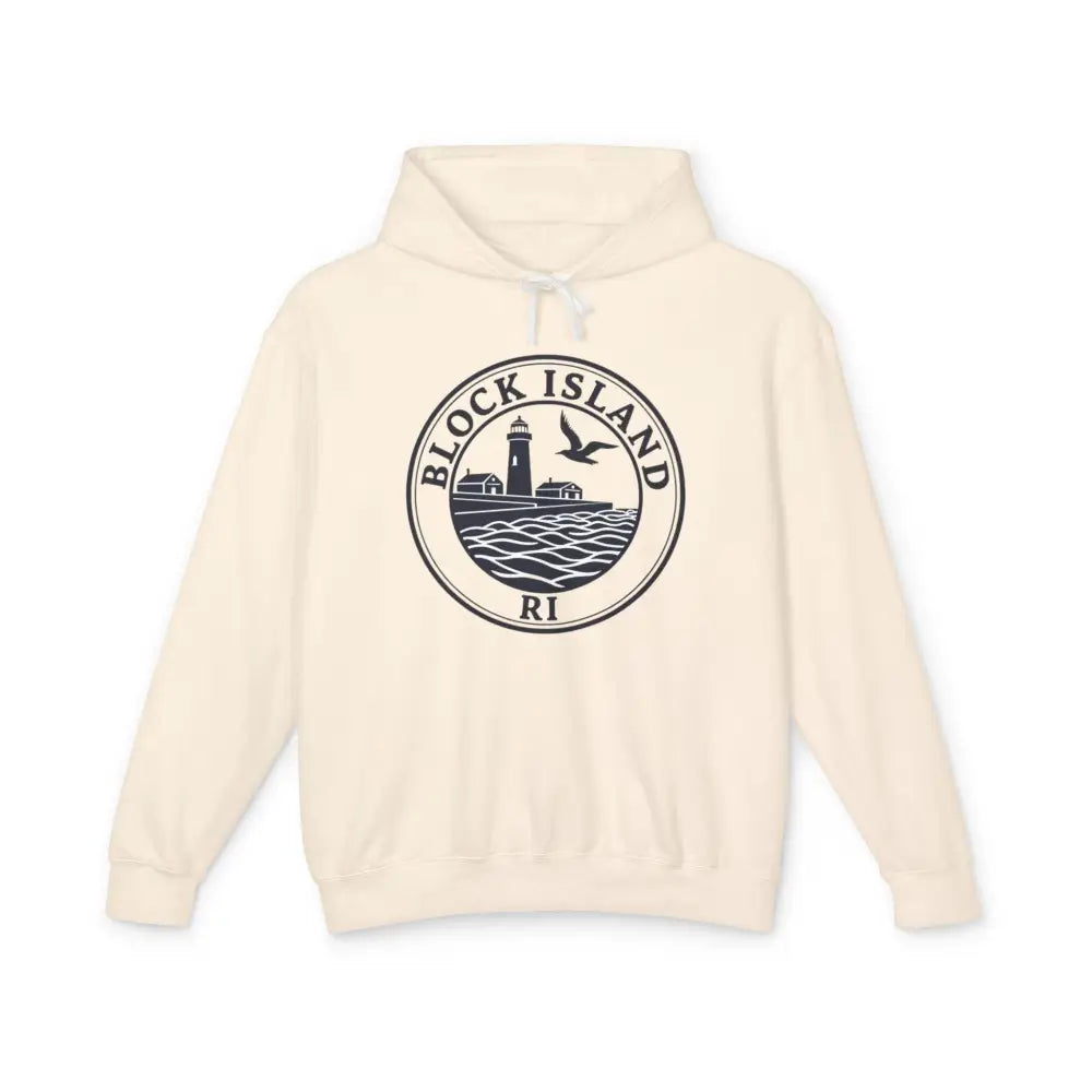 Cream-colored Block Island RI Lighthouse Hooded Sweatshirt displayed elegantly