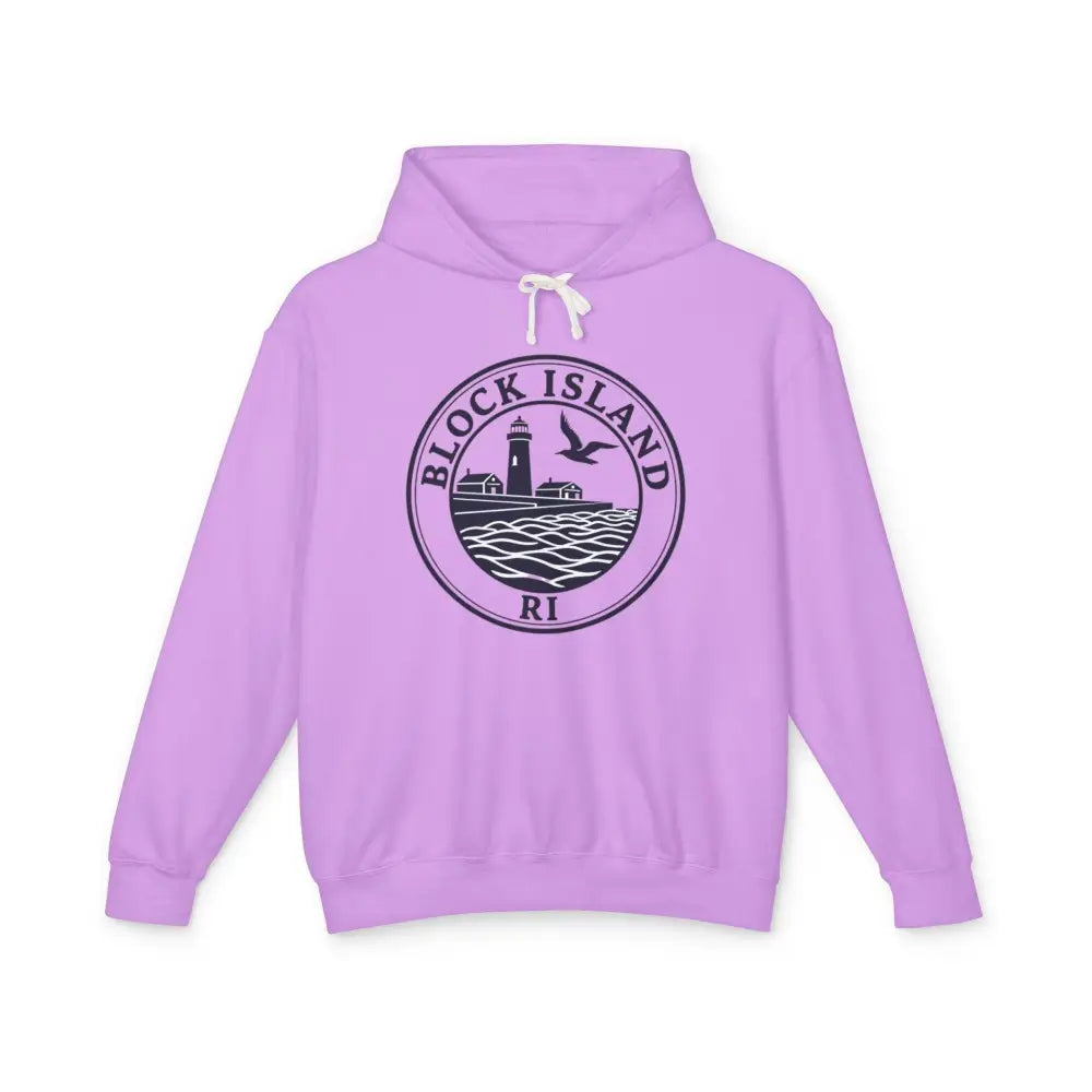 Lavender Block Island RI Lighthouse Hooded Sweatshirt displayed for purchase