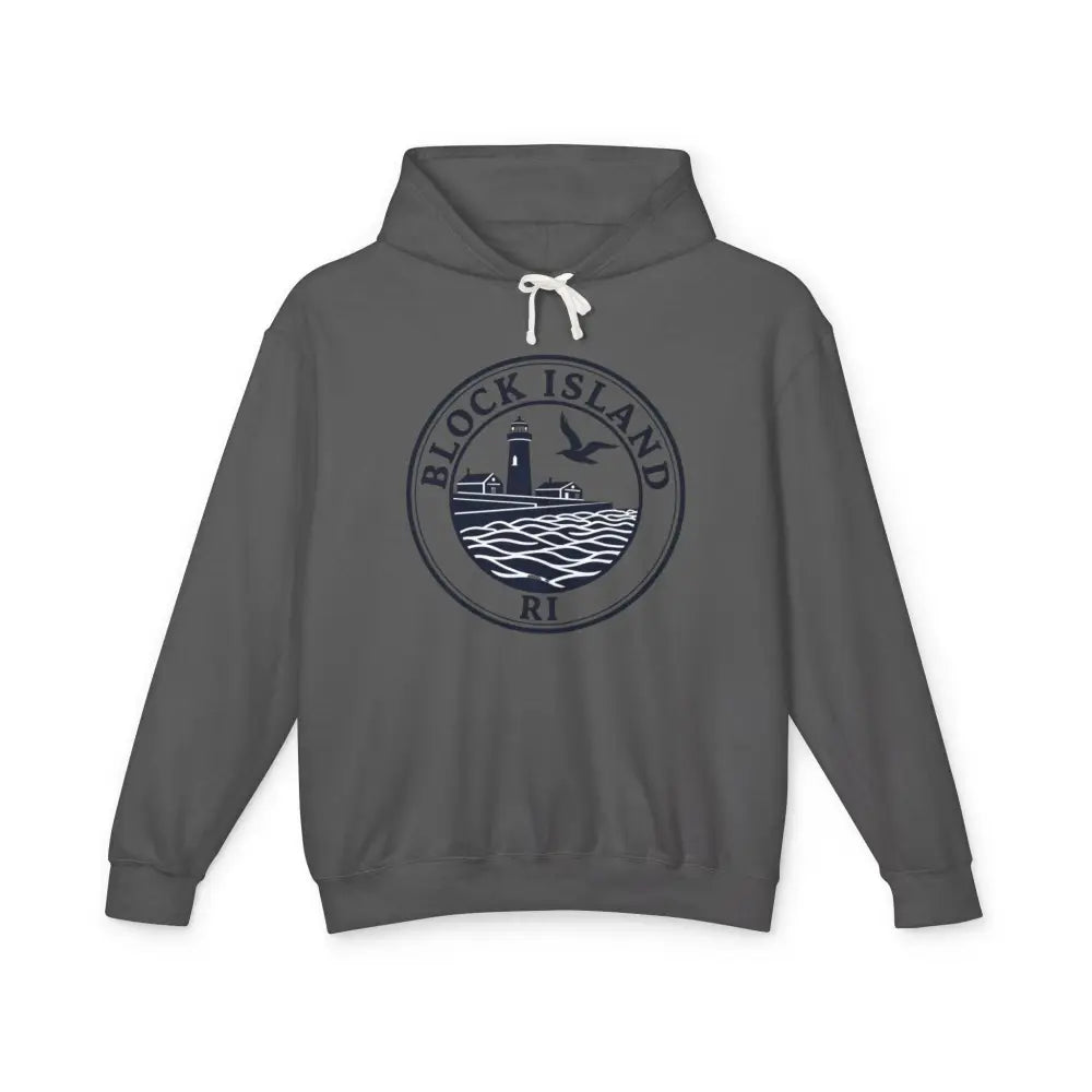 Gray hooded sweatshirt featuring Block Island RI Lighthouse design for casual wear