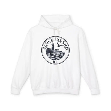 White Block Island hoodie featuring the Block Island RI Lighthouse design