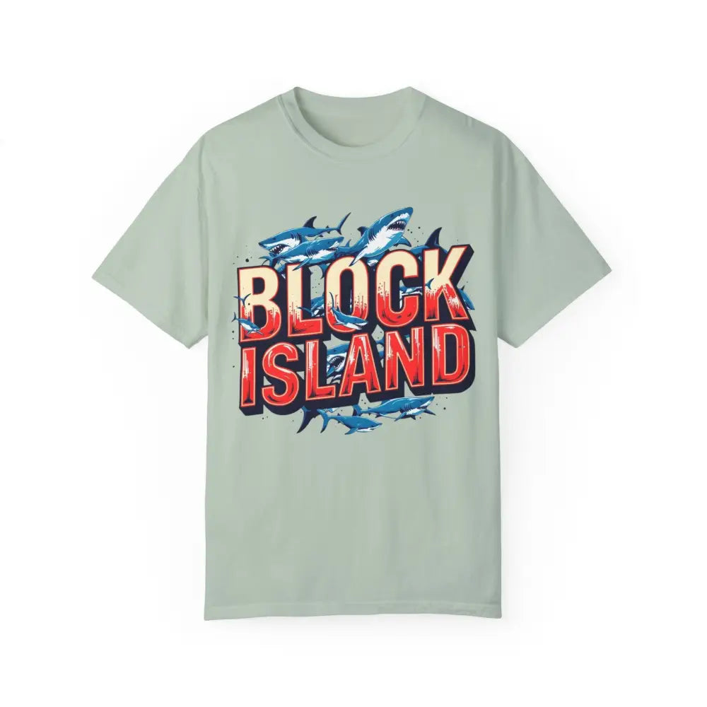 Light green Block Island graphic t-shirt in unisex casual style