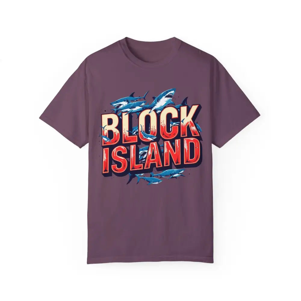 Purple Block Island Shark Unisex T-Shirt with graphic design featuring sharks