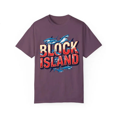 Purple Block Island Shark Unisex T-Shirt with graphic design featuring sharks