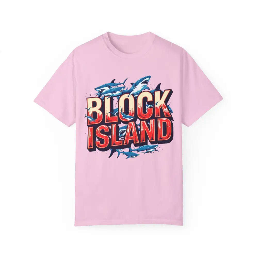 Pink Block Island graphic t-shirt in a casual unisex design for relaxed wear