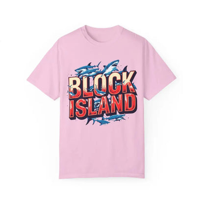 Pink Block Island graphic t-shirt in a casual unisex design for relaxed wear