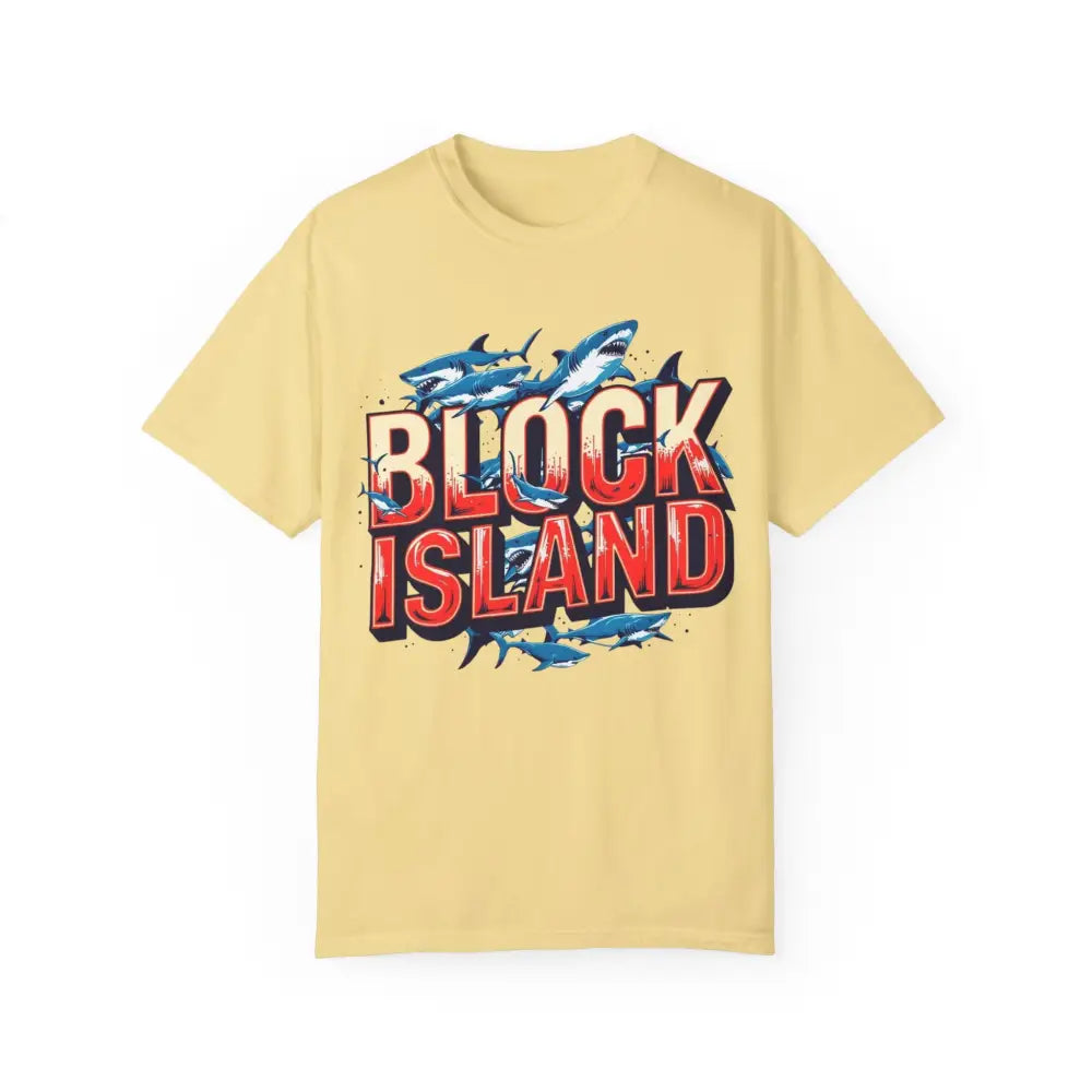 Yellow Block Island shark graphic t-shirt for casual unisex wear