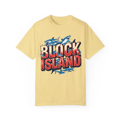 Yellow Block Island shark graphic t-shirt for casual unisex wear