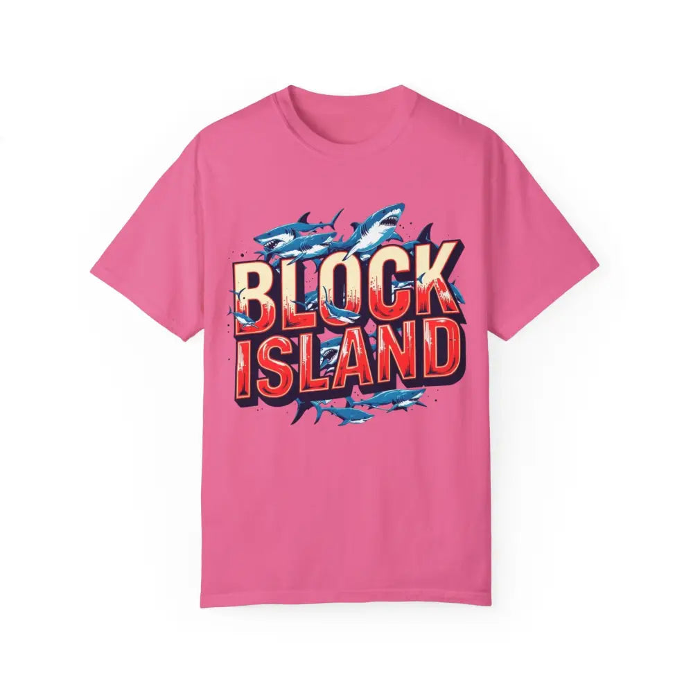 Pink Block Island Shark graphic t-shirt, casual unisex garment dyed tee