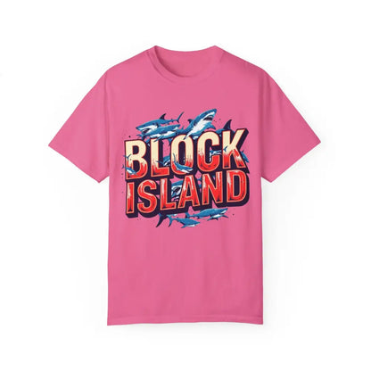 Pink Block Island Shark graphic t-shirt, casual unisex garment dyed tee