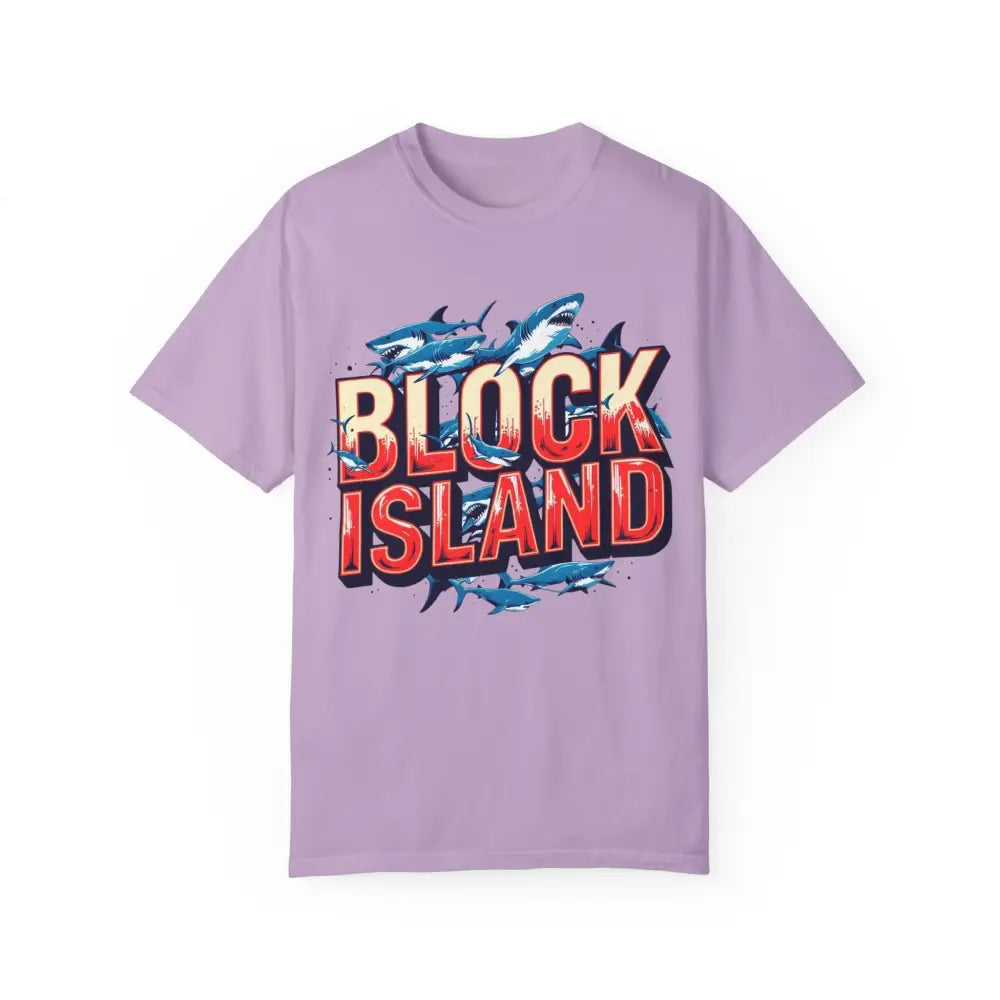 Lavender t-shirt featuring Block Island graphic from Block Island Shark Unisex Tee