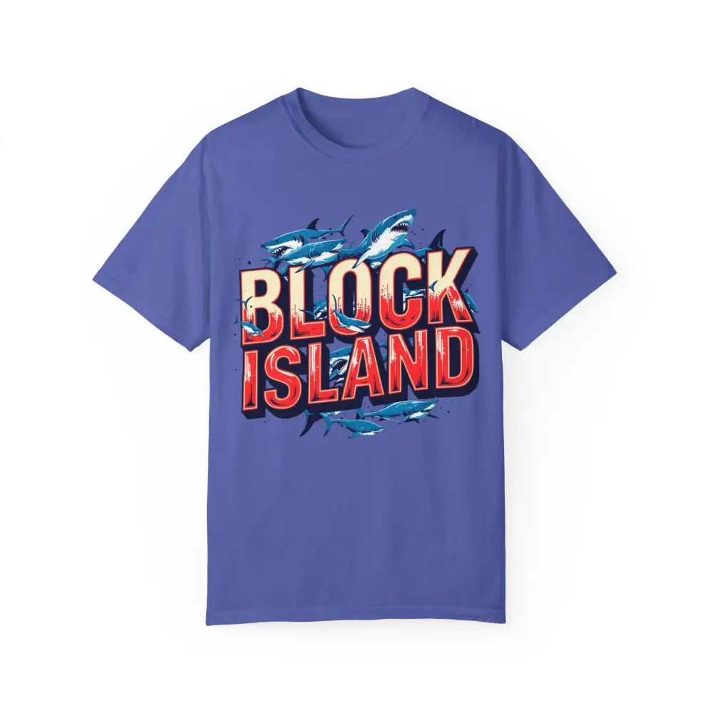 Blue Block Island Shark Unisex T Shirt featuring a vibrant shark graphic design