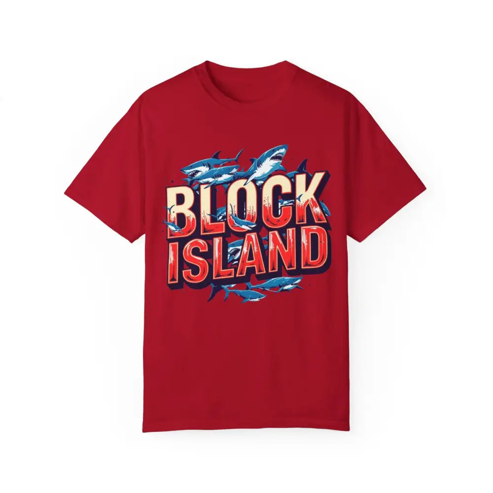 Red Block Island Shark Unisex T-Shirt with graphic for casual wear