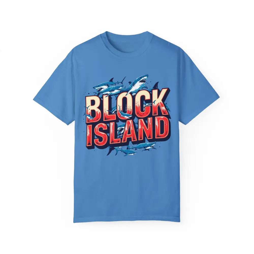 Blue Block Island Shark Unisex T-Shirt featuring a bold shark graphic design