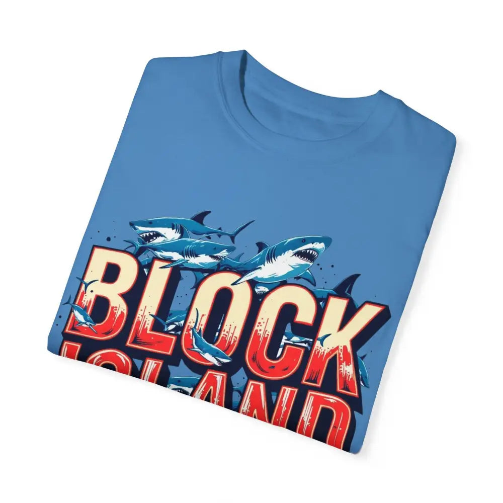 Folded blue t-shirt featuring shark graphic from Block Island Shark Unisex T Shirt
