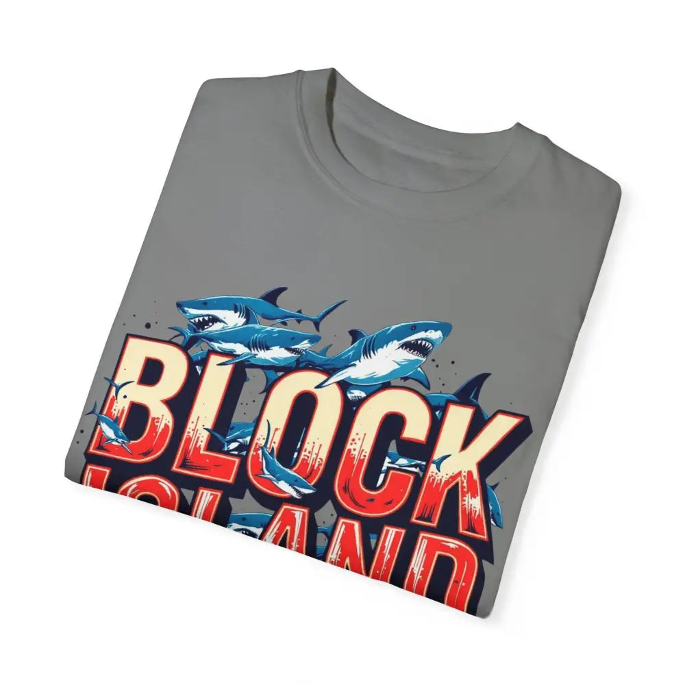 Gray t-shirt featuring a shark graphic from Block Island Shark Unisex T Shirt collection