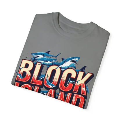 Gray t-shirt featuring a shark graphic from Block Island Shark Unisex T Shirt collection