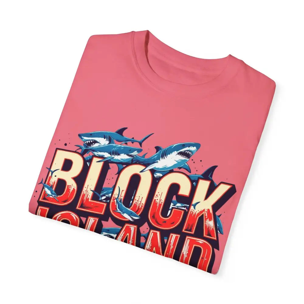 Folded pink Block Island Shark unisex t-shirt with casual shark design