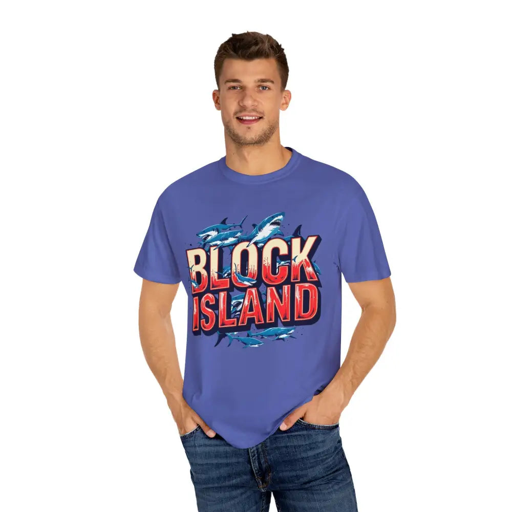 Blue Block Island Shark Unisex T-Shirt featuring a vibrant shark graphic design