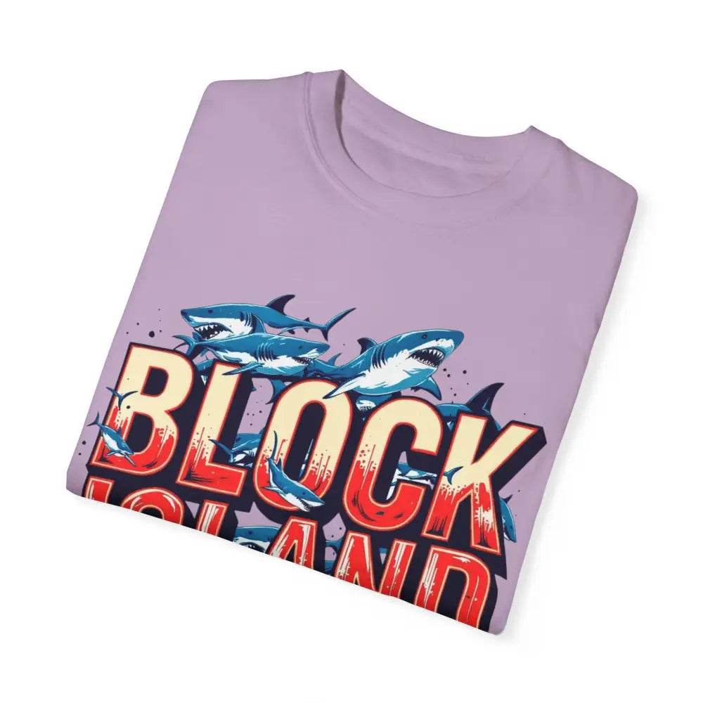 Folded lavender Block Island Shark Unisex T-Shirt with a graphic design