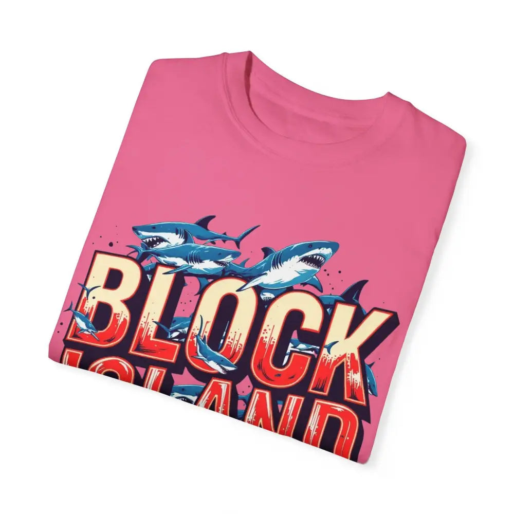 Pink Block Island Shark Unisex T-Shirt featuring a stylish shark graphic design