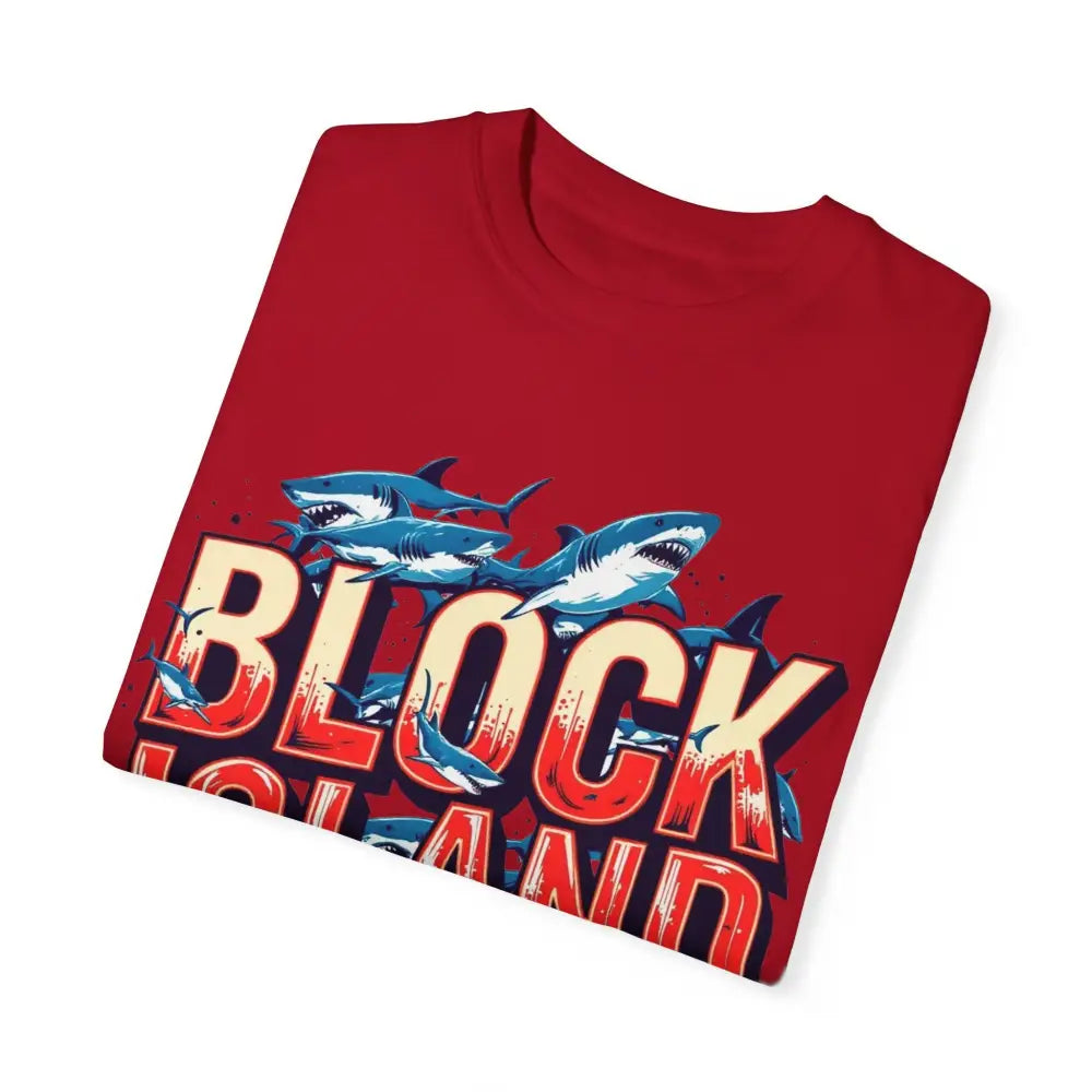 Folded red Block Island Shark Unisex T-shirt with graphic design for casual wear