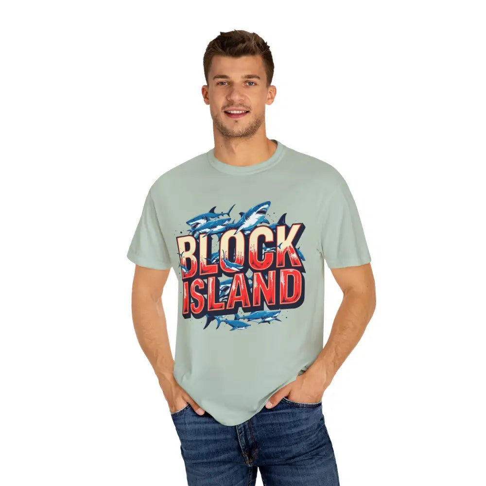 Light green Block Island Shark unisex t-shirt with casual design and garment dye