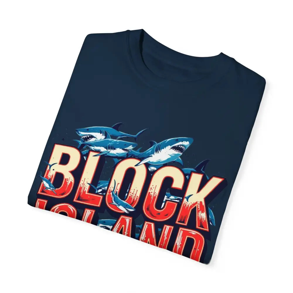 Folded navy t-shirt featuring shark graphic from Block Island Shark Unisex T Shirt