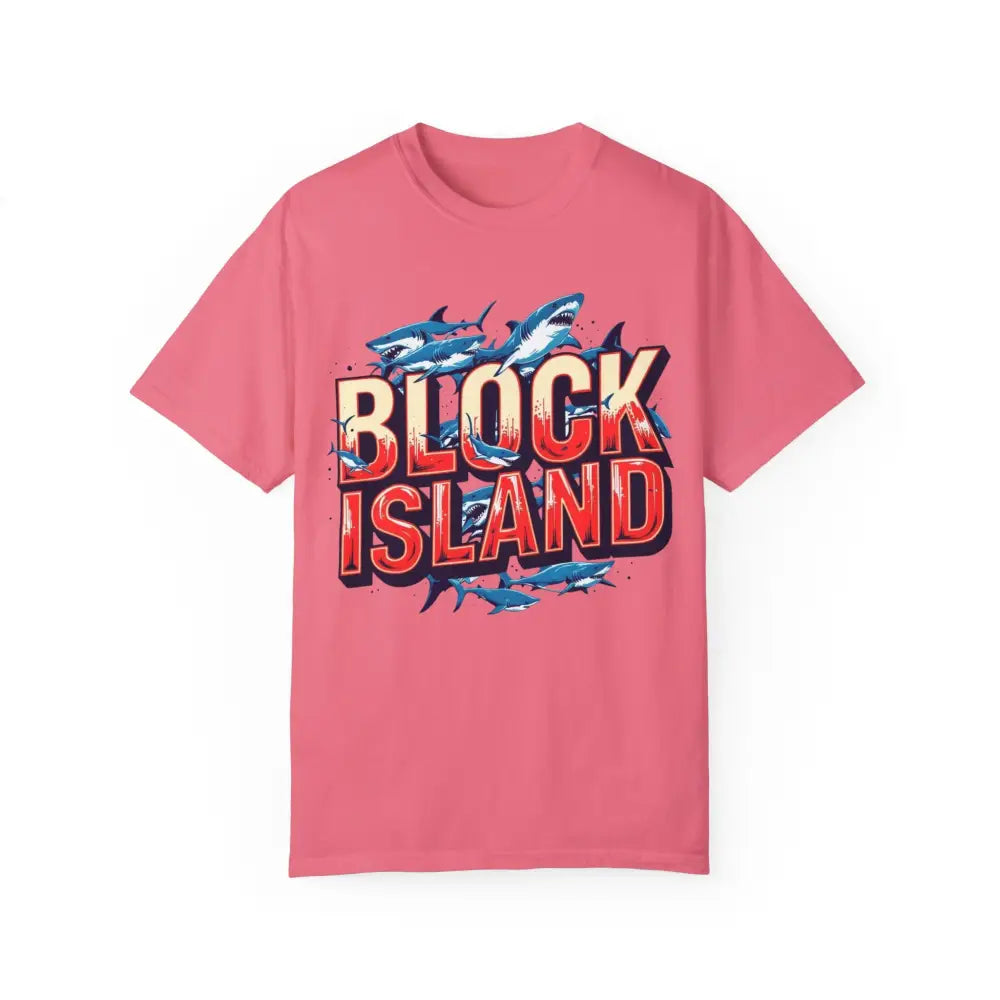Pink Block Island Shark Unisex T-Shirt featuring a striking shark graphic design