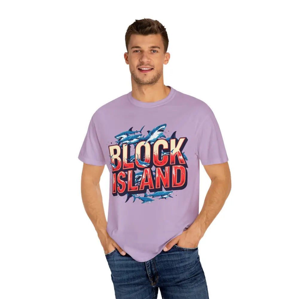 Lavender Block Island Shark Unisex T-Shirt with vibrant shark graphic design
