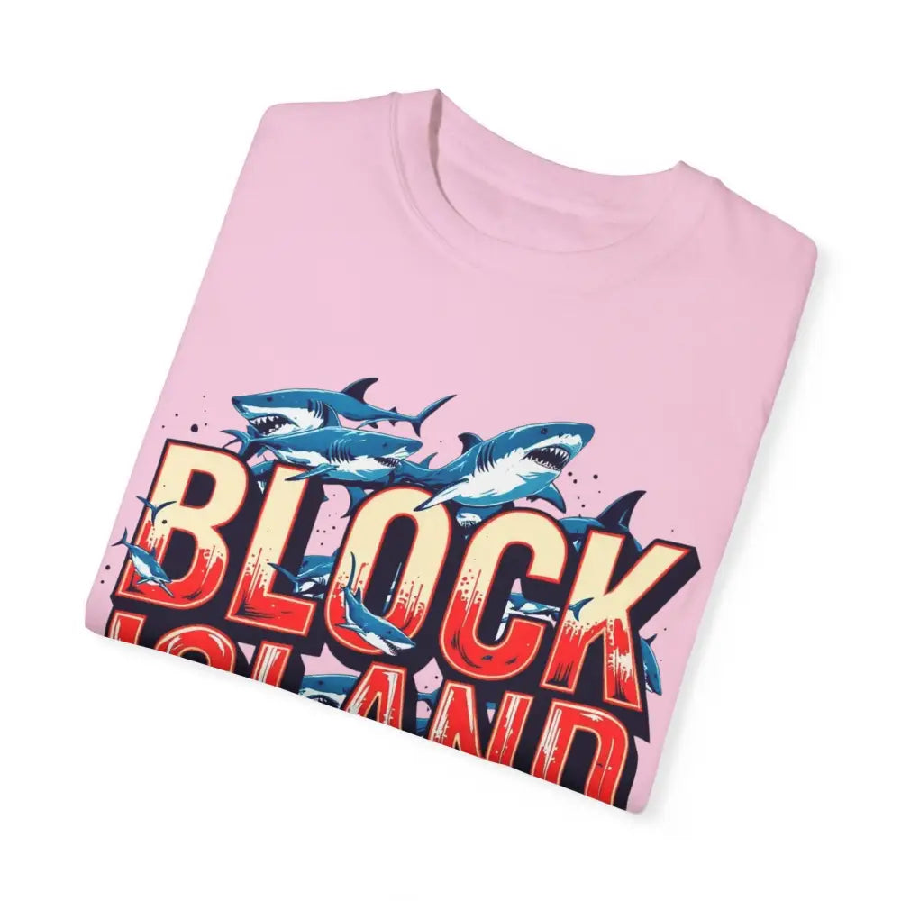 Folded pink Block Island Shark T-shirt with vibrant shark graphic design