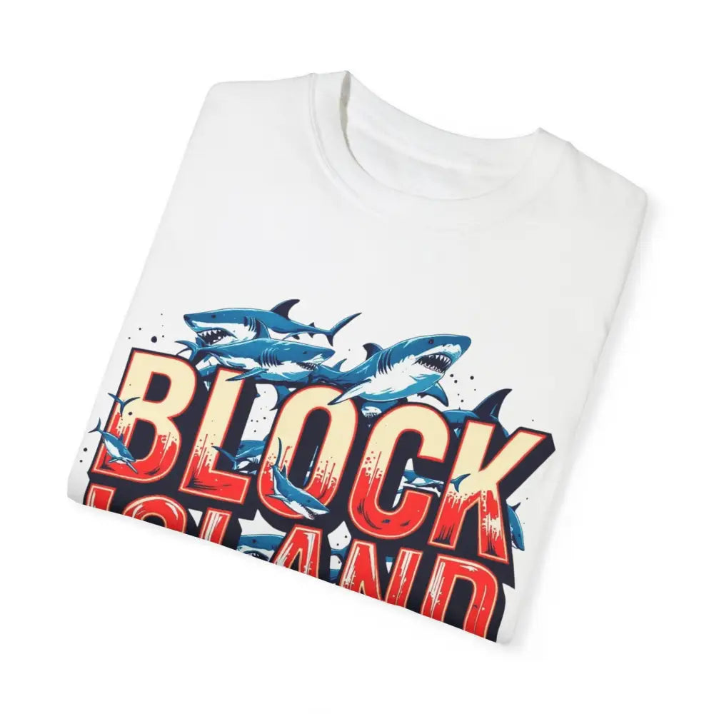 Folded white t-shirt featuring shark graphic from Block Island Shark Unisex T Shirt