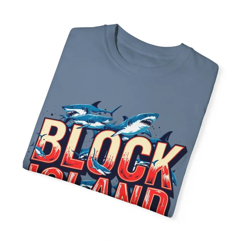 Folded blue Block Island Shark unisex t-shirt with a casual graphic design