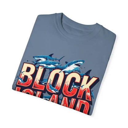 Folded blue Block Island Shark unisex t-shirt with a casual graphic design