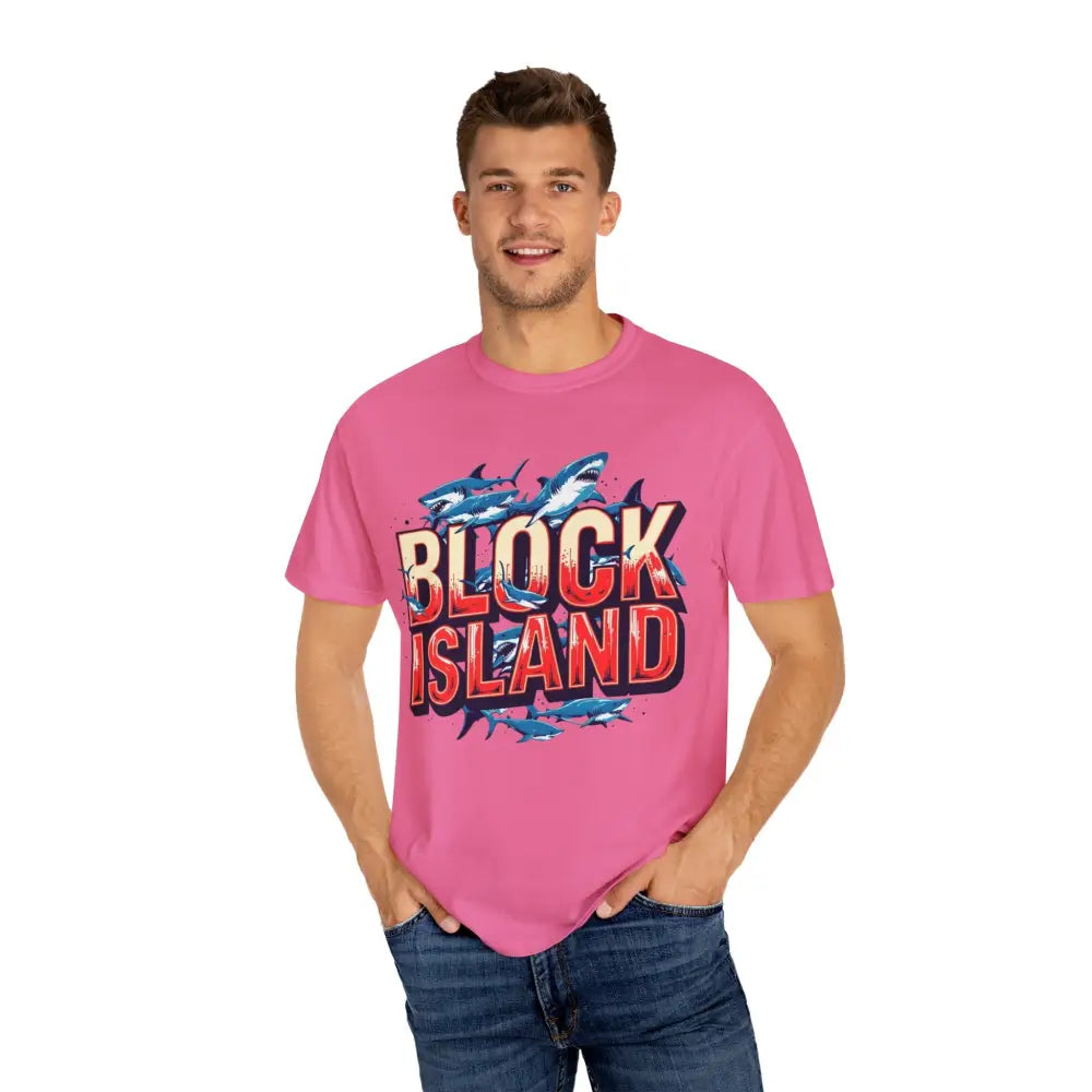 Pink Block Island Shark Unisex T-Shirt featuring a stylish shark design