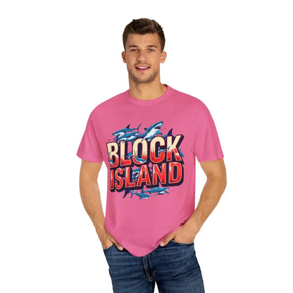 Pink Block Island Shark Unisex T-Shirt featuring a stylish shark design